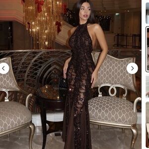 Zara Brown Beaded Halter Prom Dress